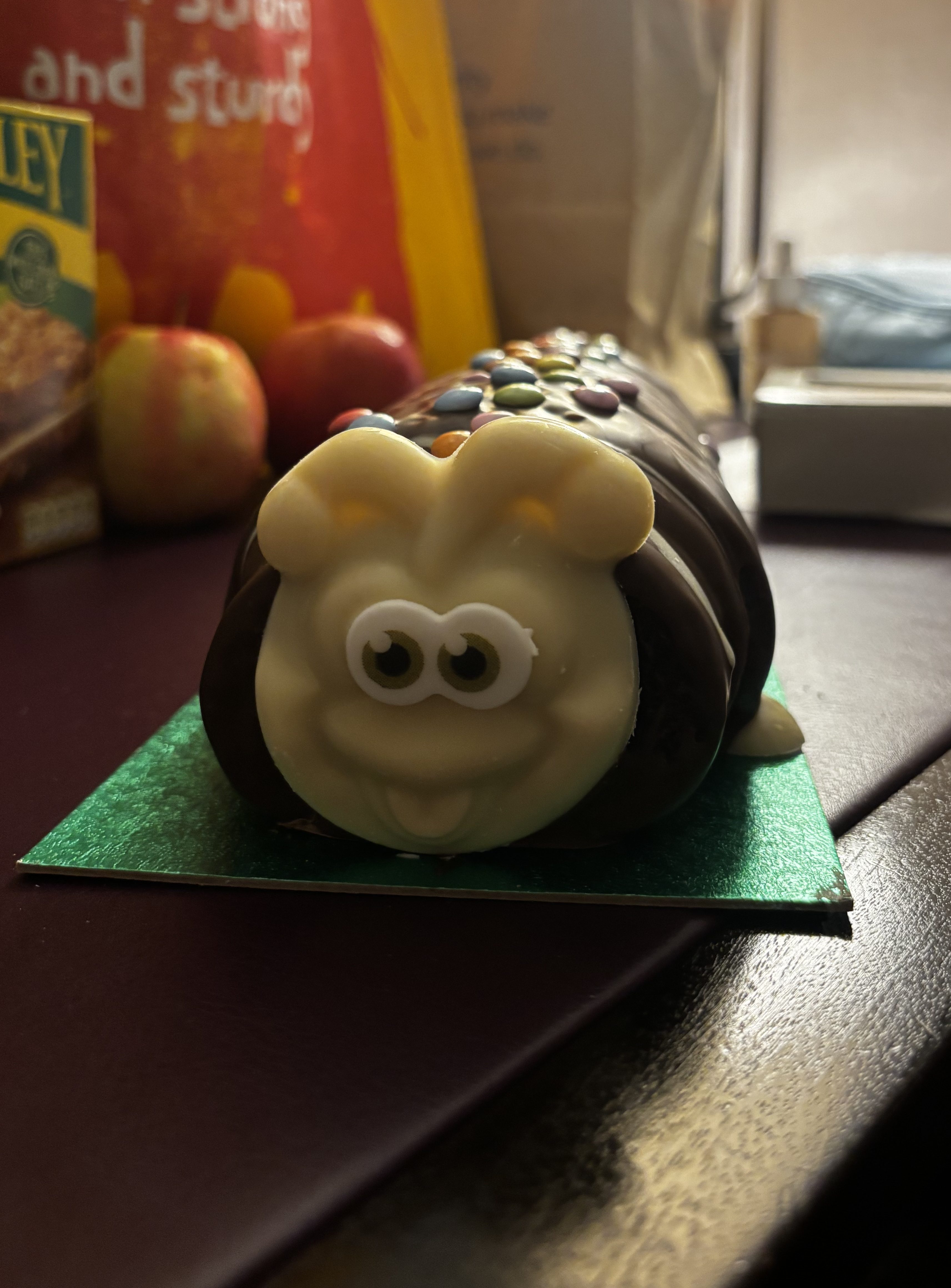 A caterpillar shaped rolled cake